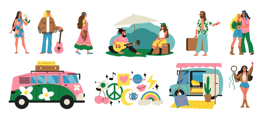 Hippie flat icons set with bohemian people and subculture symbols isolated vector illustration