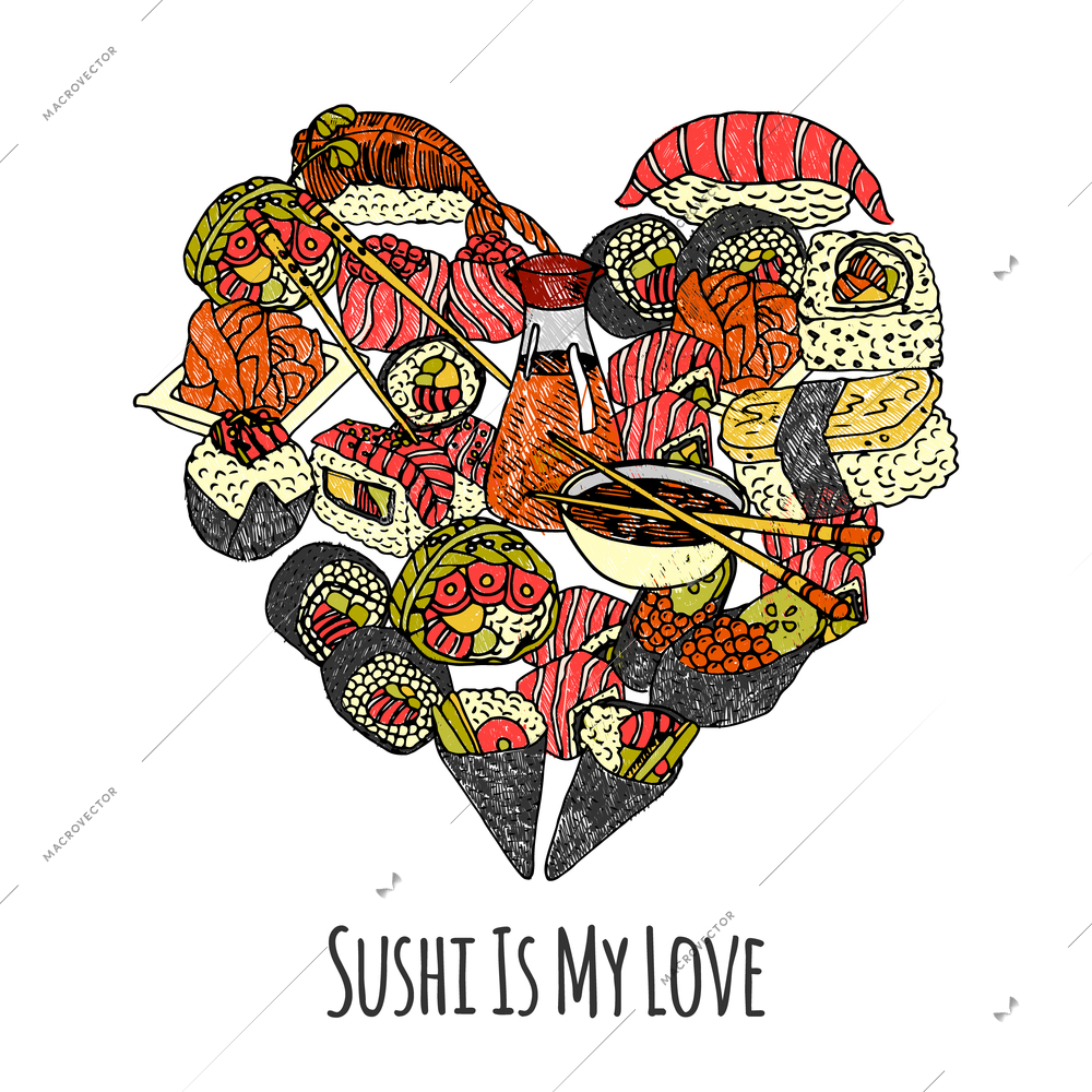 Asia food set with sushi and rolls in heart shape vector illustration