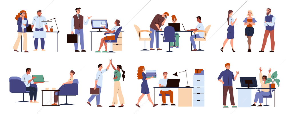 Peeople in office flat icons set with male and female employees communicating and doing paperwork isolated vector illustration