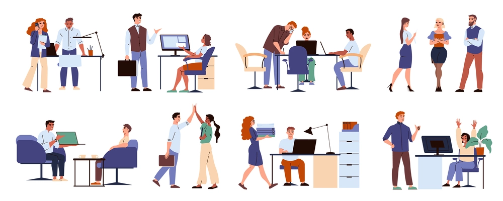 Peeople in office flat icons set with male and female employees communicating and doing paperwork isolated vector illustration