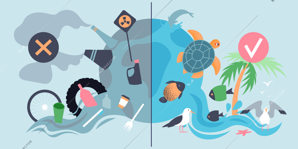 Water pollution flat concept with dirty polluted ocean and green clean sea vector illustration