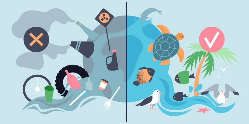 Water pollution flat concept with dirty polluted ocean and green clean sea vector illustration