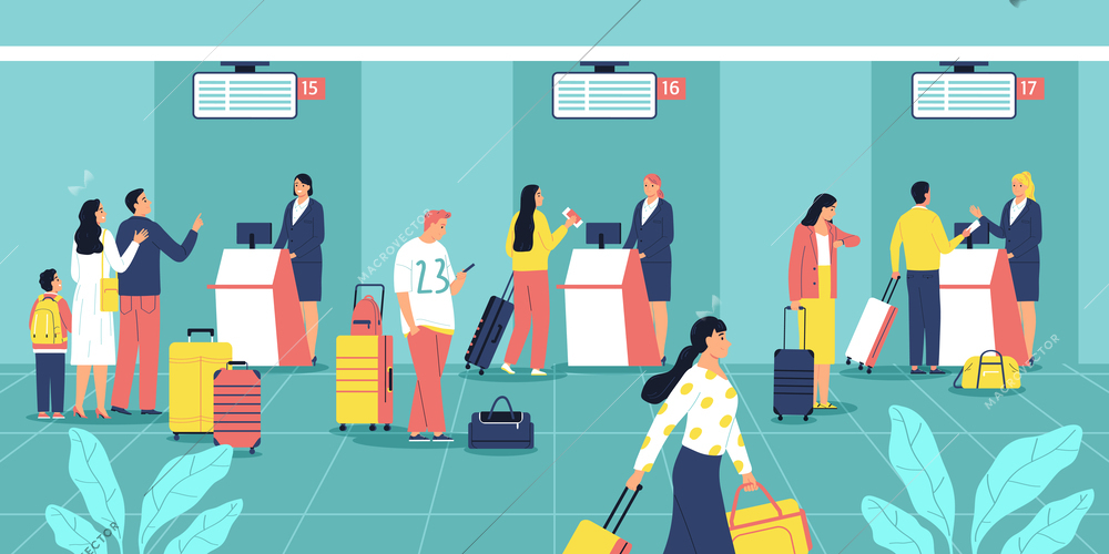 People with luggage checking in at airport flat background vector illustration