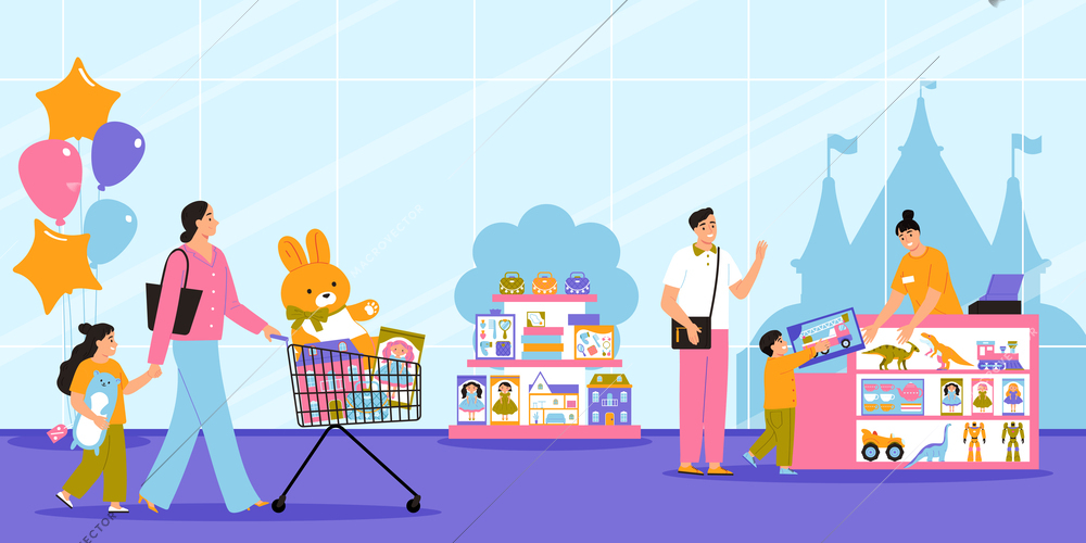 Toy shop flat interior with parents buying goods for happy children vector illustration