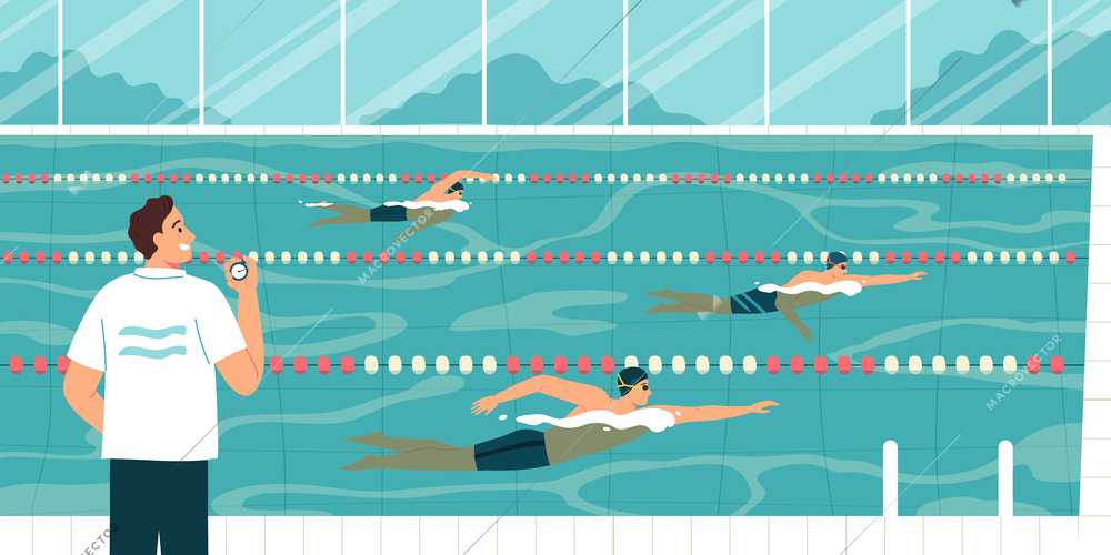 Three swimmers training in swimming pool with coach flat vector illustration