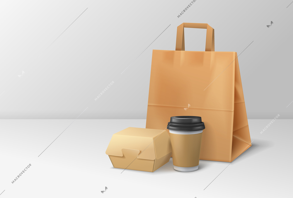 Burger box mockup composition with cardboard box coffee cup and paper bag for fast food takeaway vector illustration