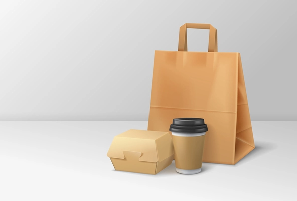Burger box mockup composition with cardboard box coffee cup and paper bag for fast food takeaway vector illustration