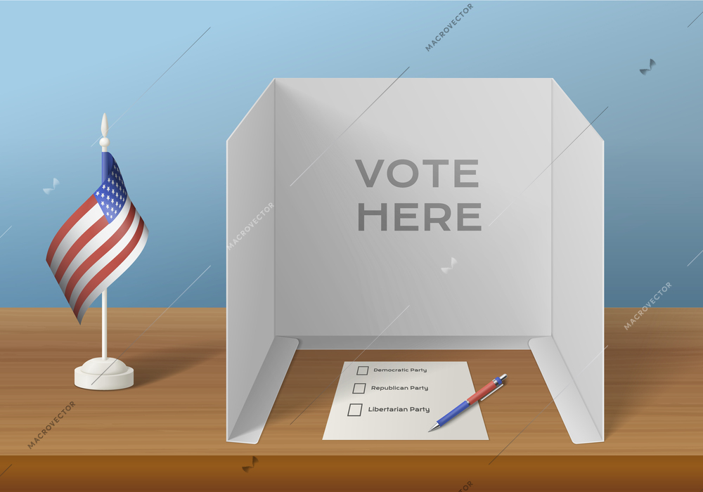 Elections voting realistic composition with view of wooden table with usa flag ballot paper and pen vector illustration