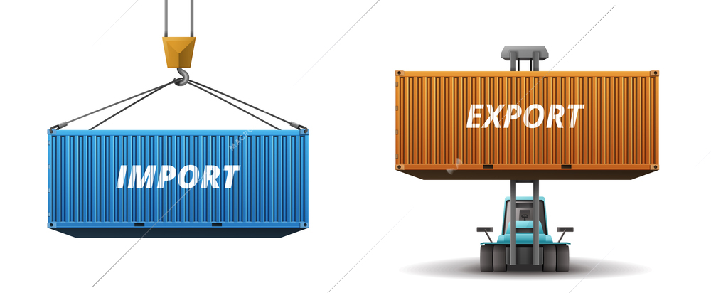 Cargo container set of two realistic images with import and export marked containers lifted and elevated vector illustration