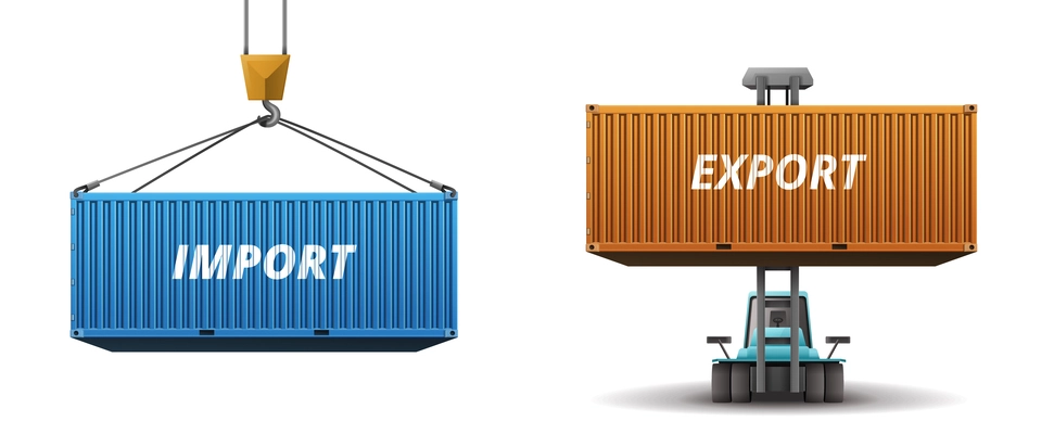 Cargo container set of two realistic images with import and export marked containers lifted and elevated vector illustration