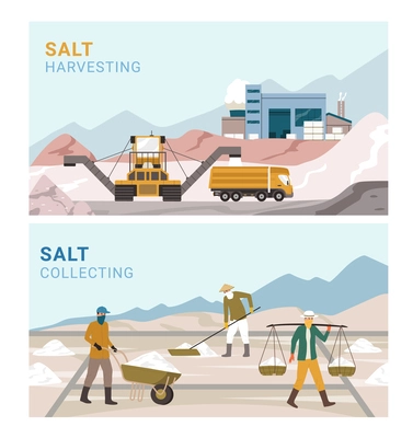 Salt production flat horizontal banners with harvesting and collecting processes isolated vector illustration