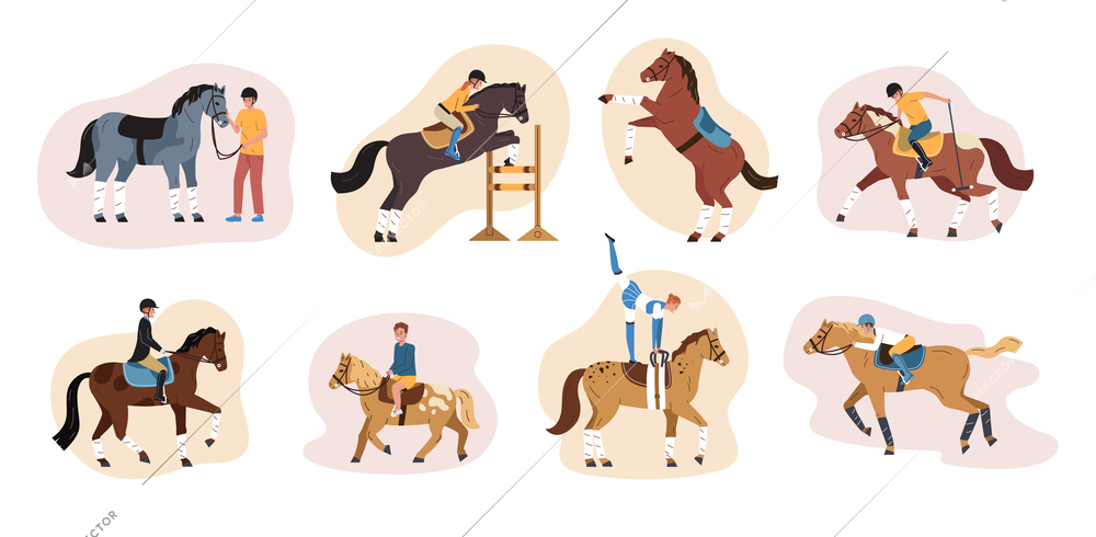 Horse equestrian sport flat color set with horseback riding people isolated on white background vector illustration