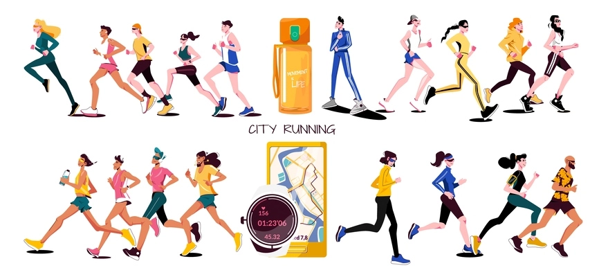 City running flat set runners in various costumes run with attributes bottle and gps navigator vector illustration