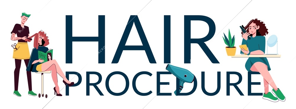 Hair procedure salon flat text composition with stylist and girls with nice hair vector illustration