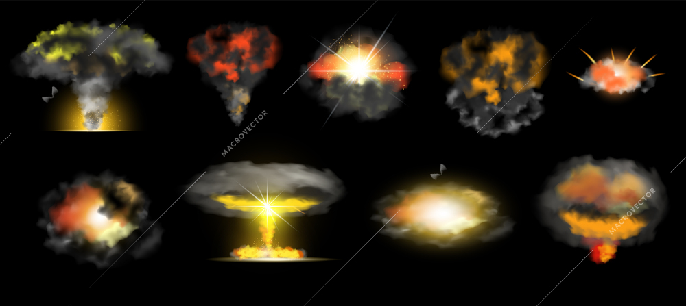 Nuclear bomb explosion effect with smoke and flame realistic set isolated on black background vector illustration