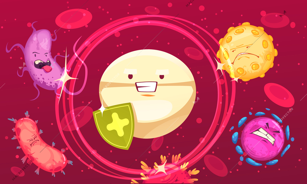 Anti-bacterial protection cartoon concept with antigen fighting with microbes vector illustration