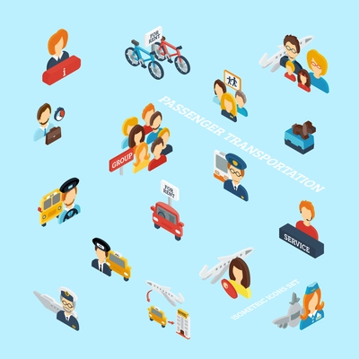 Passenger transportation isometric icons set with 3d transport symbols vector illustration