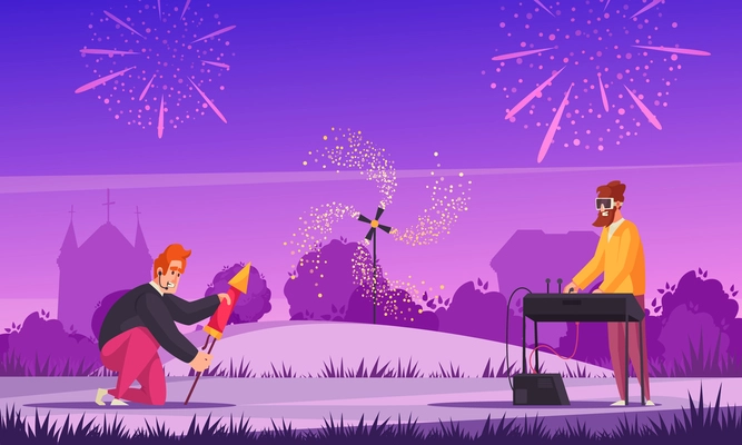 Fireworks cartoon composition with young men shooting pyrotechnic outdoors vector illustration