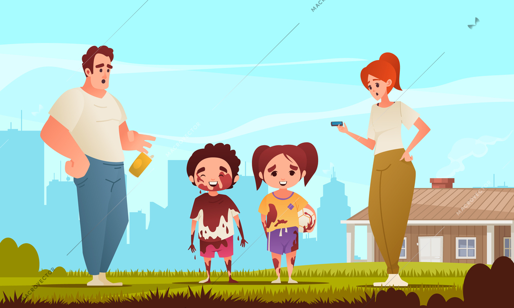 Dirty kids cartoon concept with boy and girl covered with mud and their parents vector illustration