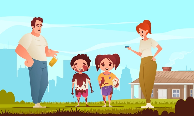 Dirty kids cartoon concept with boy and girl covered with mud and their parents vector illustration