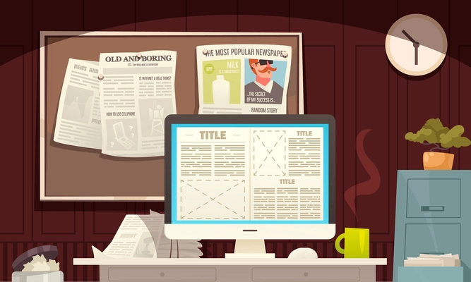 Newspaper office cartoon scene with layout template on computer screen vector illustration