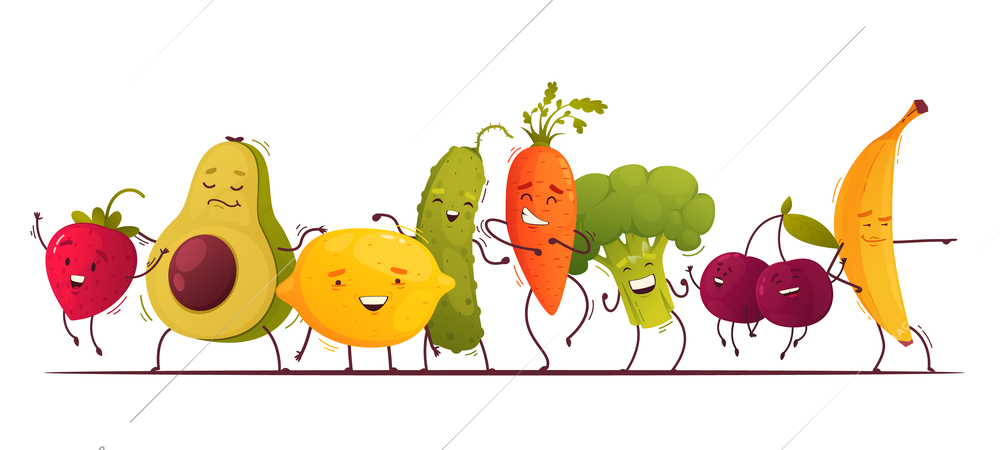 Funny cartoon fruits and vegetable composition with happy dancing strawberry and avocado vector illustration