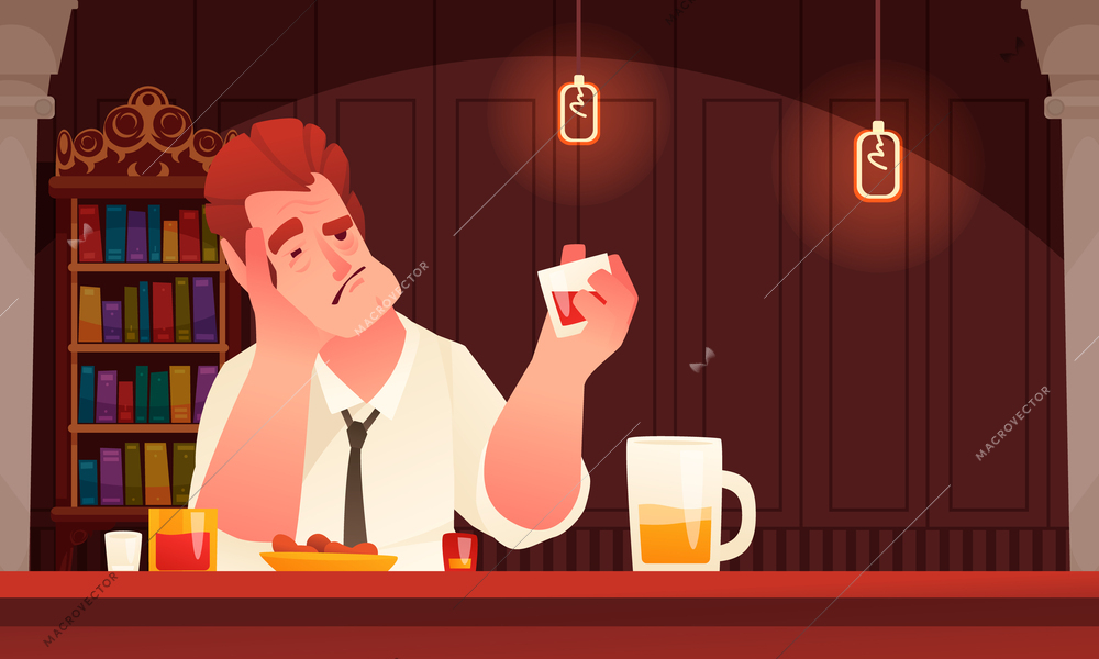 Addicted people scene with male drinker in empty bar with glass of beer cartoon vector illustration