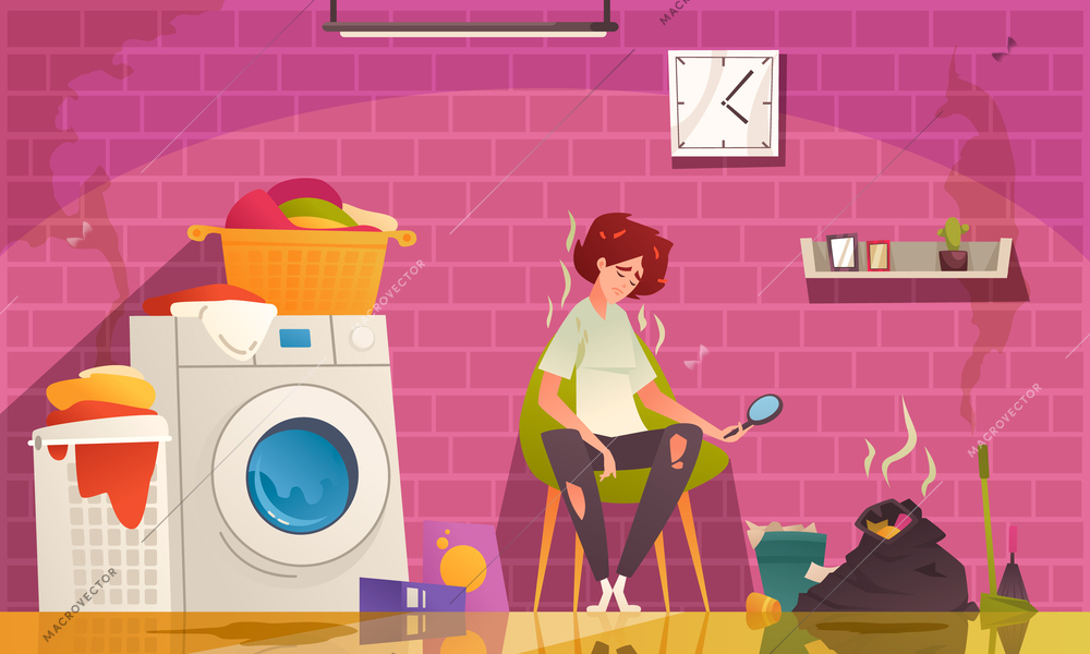 Ditrty room cartoon composition with tired housewife and piles of trash vector illustration