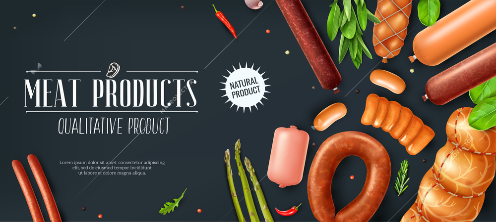 Realistic sausage ad horizontal poster with ornate text badge and icons of prepared processed meat products vector illustration