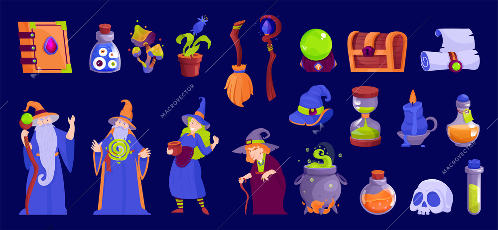 Magic color cartoon icons set with wizard witch and magician equipment isolated vector illustration