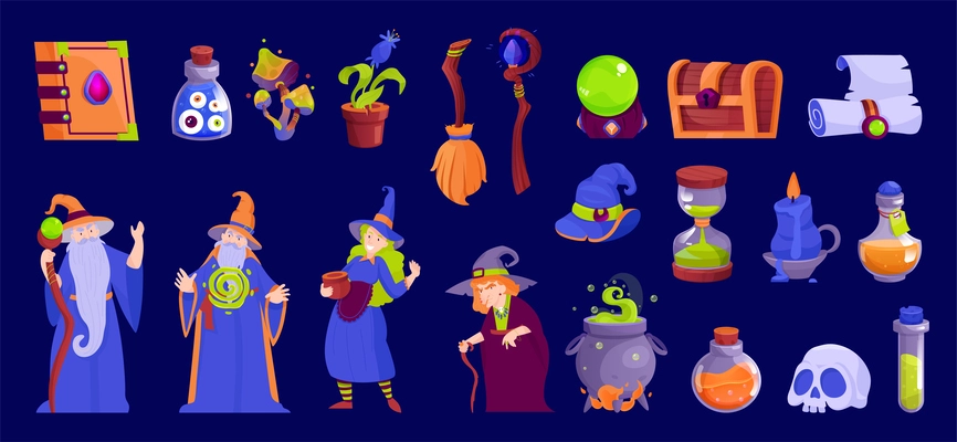 Magic color cartoon icons set with wizard witch and magician equipment isolated vector illustration