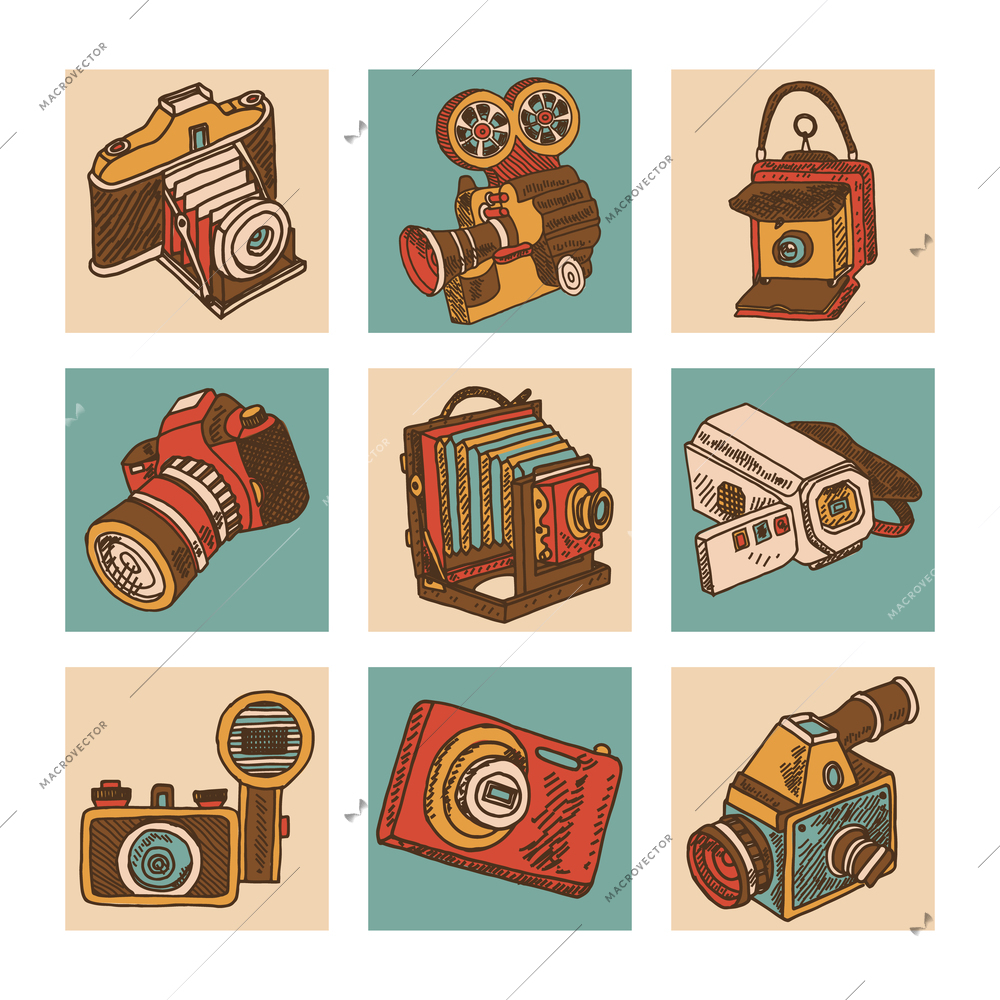 Retro camera mechanical photo apparatus sketch icons set isolated vector illustration