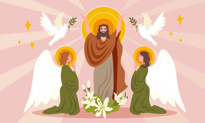 Easter flat composition with Jesus Christ doves and praying angels vector illustration