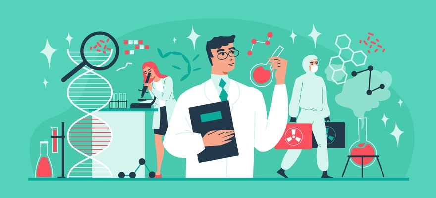 Scientific laboratory flat concept with scientist and researcher characters vector illustration