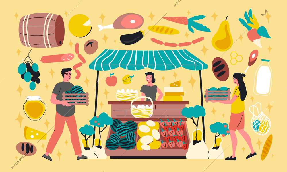 Farmers marketplace cartoon set with people delivering boxes of vegetables and pastries to counters with natural food flat vector illustration