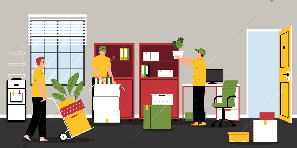 Workers packing things into boxes while moving to new office flat vector illustration