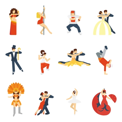 Social dancing festival elegant waltz tango oriental dance icon flat set isolated vector illustration