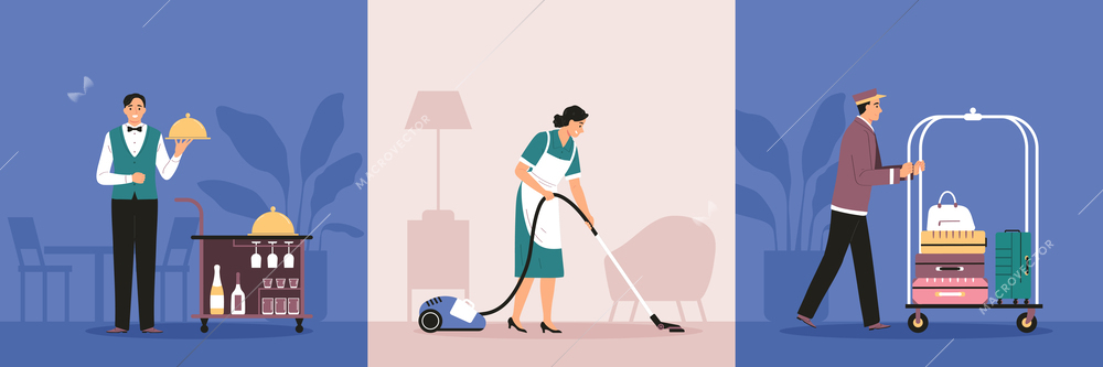 Hotel staff flat design concept with waiter maid and porter on color background isolated vector illustration