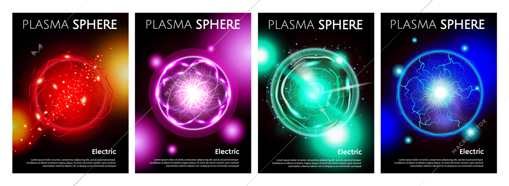 Realistic electric plasma sphere poster set with four isolated vertical backgrounds with colorful matter and text vector illustration