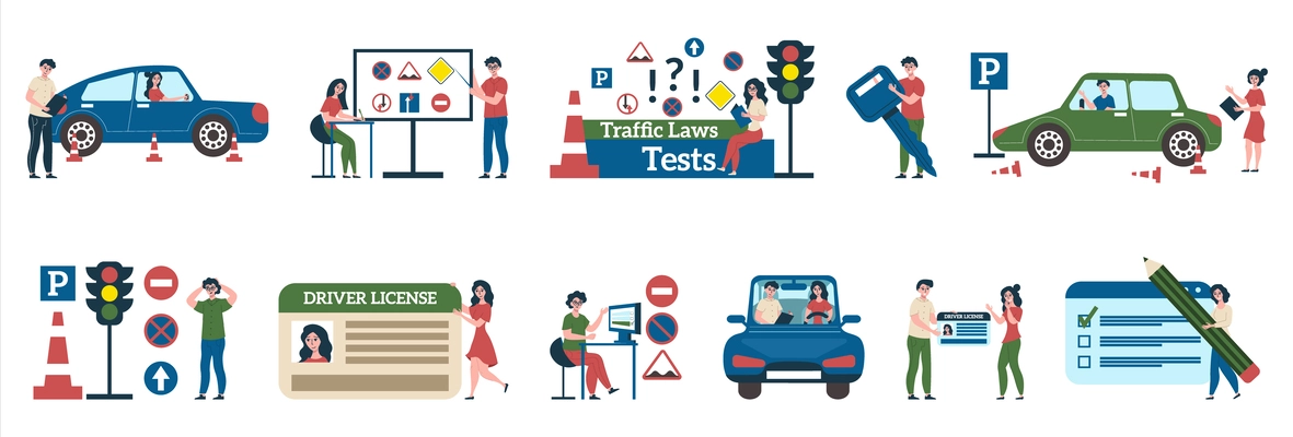 Set with isolated driving school compositions of flat human characters and images of learning to drive vector illustration