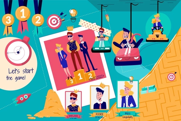 Gamification business flat collage composition with characters of coworkers riding bumper cars standing on winners podium vector illustration