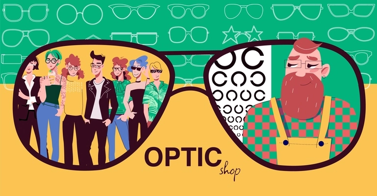 Optic glasses shop collage composition with editable text and outline icons of eyeglasses with human characters vector illustration