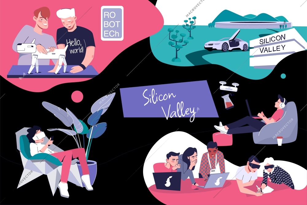 Silicon valley flat composition with collage of doodle human characters at working places robots and text vector illustration