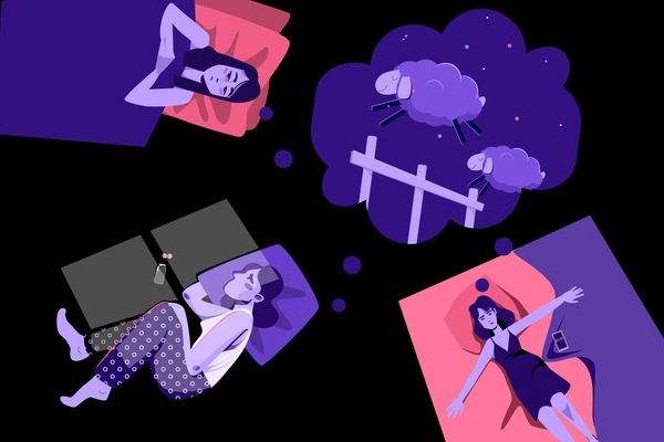 Sleep disorder insomnia collage composition with lying human characters trying to get some sleep with dreams vector illustration