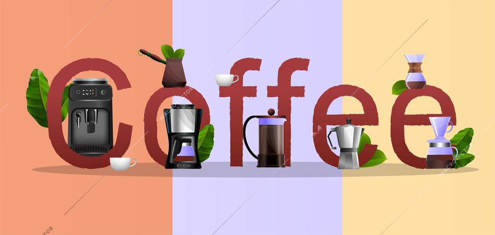 Flat style typography poster with automatic and manual coffee equipment on three color background vector illustration