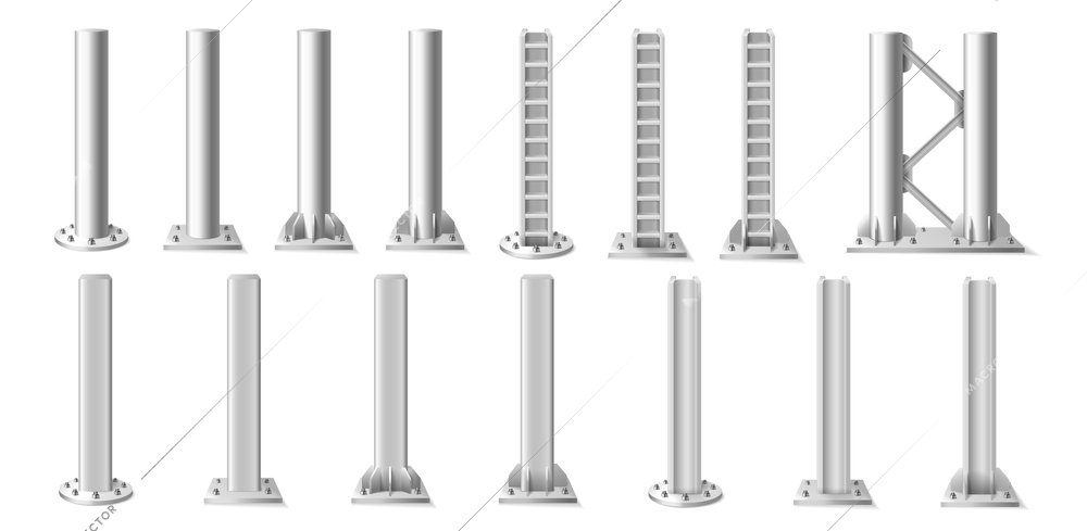 Metal poles or columns of various shapes realistic set isolated on white background vector illustration