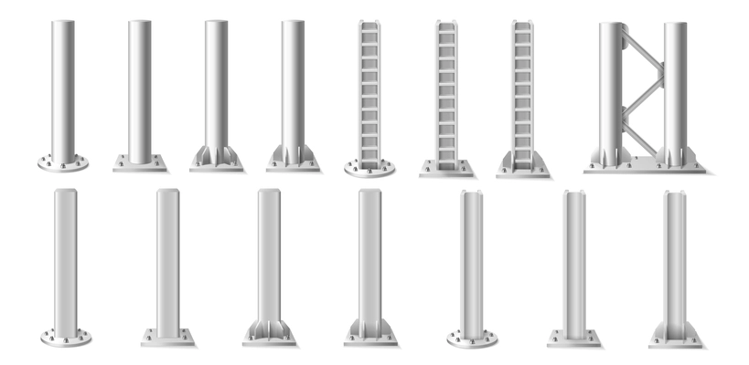 Metal poles or columns of various shapes realistic set isolated on white background vector illustration