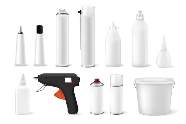 Realistic set of blank white glue bottles and containers with gun isolated vector illustration