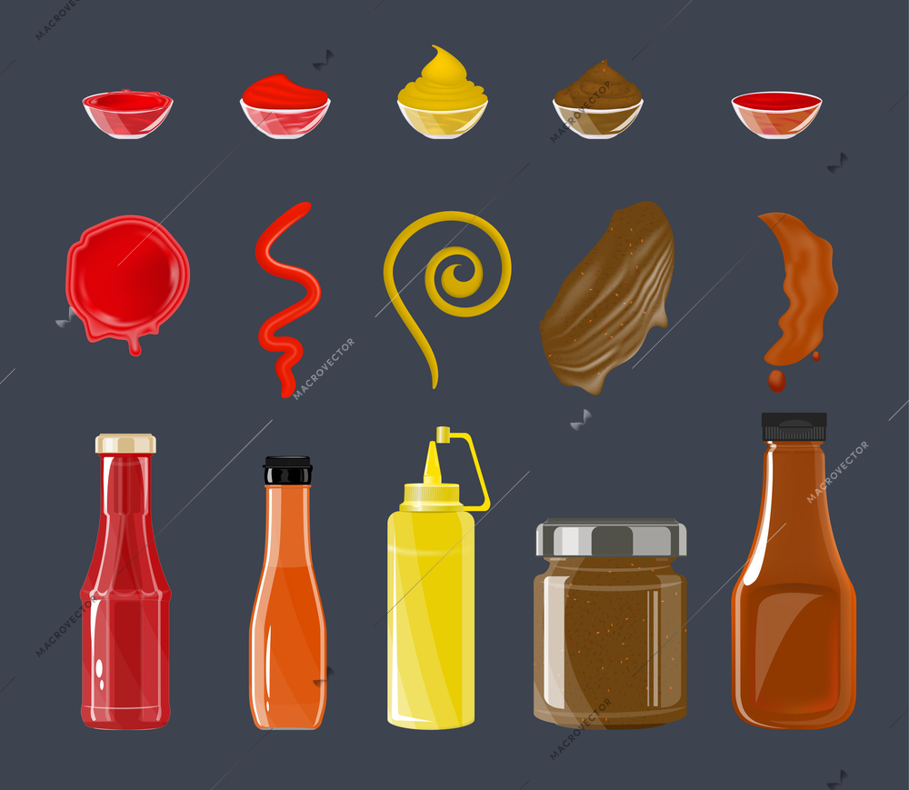 Flat set with bottles and strips of tomato ketchup mustard chili bbq sauces isolated against color background vector illustration