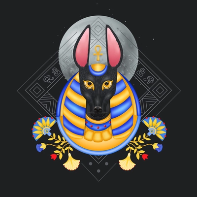 Anubis composition with avatar style image of egyptian god with dogs head flowers and geometrical ornaments vector illustration